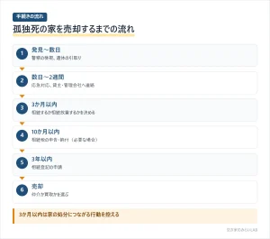 孤独死があった家を売却するまでの流れとして、警察の検視と遺体の引取り、応急対応と関係者への連絡、3か月以内の相続か相続放棄かの判断、10か月以内の相続税申告、3年以内の相続登記、売却の順に進むことを示した図