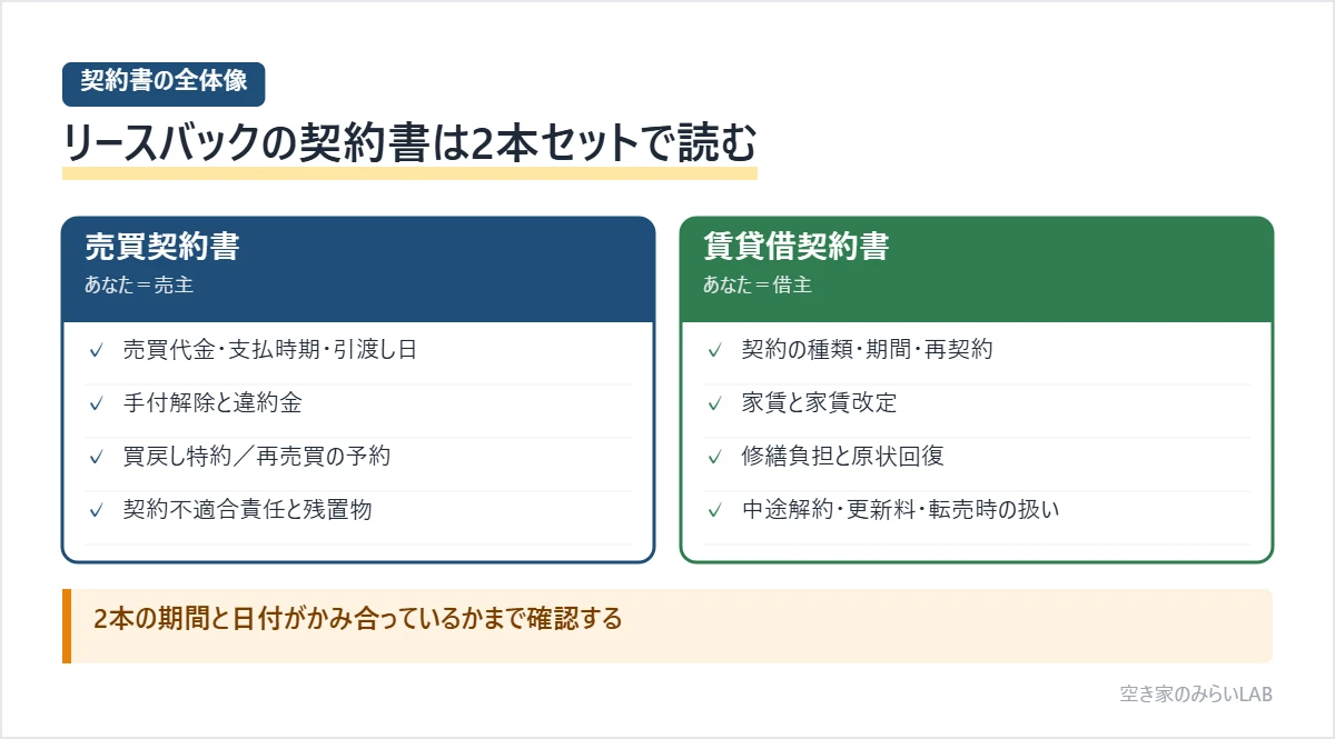 リースバックの契約書は売買契約書と賃貸借契約書の2本立てで、売買契約書では代金・手付と違約金・買戻し・契約不適合責任を、賃貸借契約書では契約の種類と期間・家賃改定・修繕と原状回復・中途解約や転売時の扱いを確認することを示した図