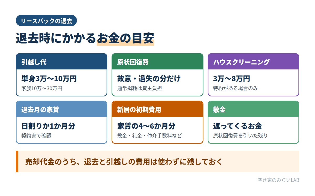リースバックで退去するときにかかる費用の一覧。引越し代、原状回復費、ハウスクリーニング、退去月の家賃、新居の初期費用と敷金の扱い